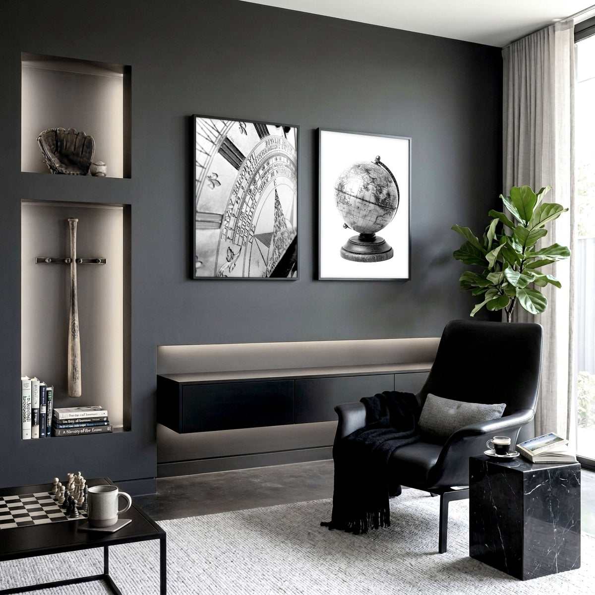Living Room Framed Wall Art Vintage Sundial & Antique Globe Black & White wall art displayed on a wall in a styled room — view 10