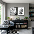 Living Room Framed Wall Art Vintage Sundial & Antique Globe Black & White wall art displayed on a wall in a styled room — view 12