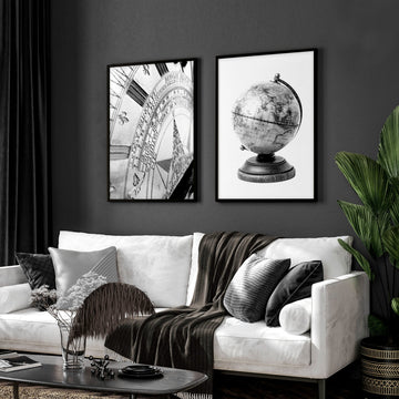 Living Room Framed Wall Art Vintage Sundial & Antique Globe Black & White wall art displayed on a wall in a styled room — view 2