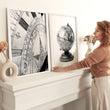 Living Room Framed Wall Art Vintage Sundial & Antique Globe Black & White wall art displayed on a wall in a styled room — view 3