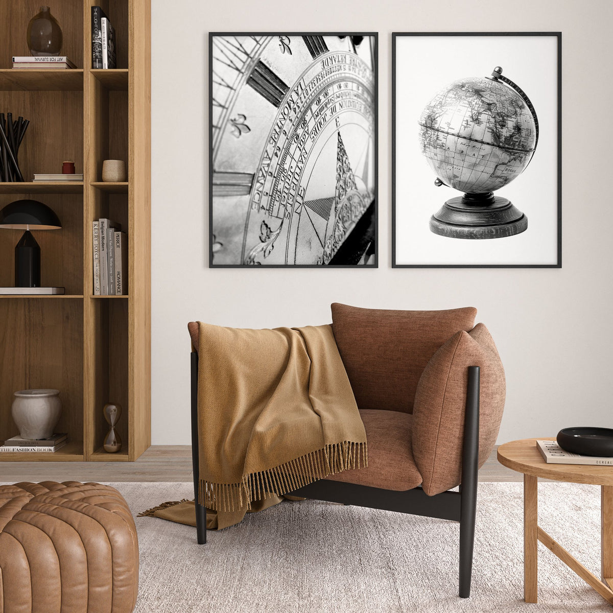Living Room Framed Wall Art Vintage Sundial & Antique Globe Black & White wall art displayed on a wall in a styled room — view 4