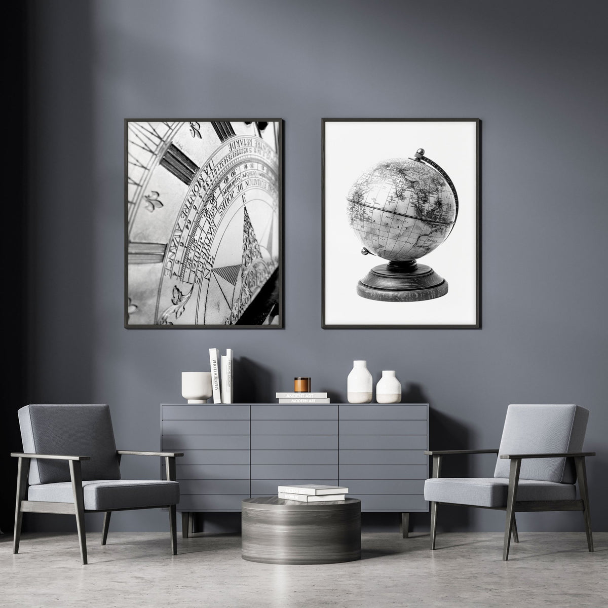 Living Room Framed Wall Art Vintage Sundial & Antique Globe Black & White wall art displayed on a wall in a styled room — view 5
