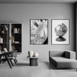 Living Room Framed Wall Art Vintage Sundial & Antique Globe Black & White wall art displayed on a wall in a styled room — view 6