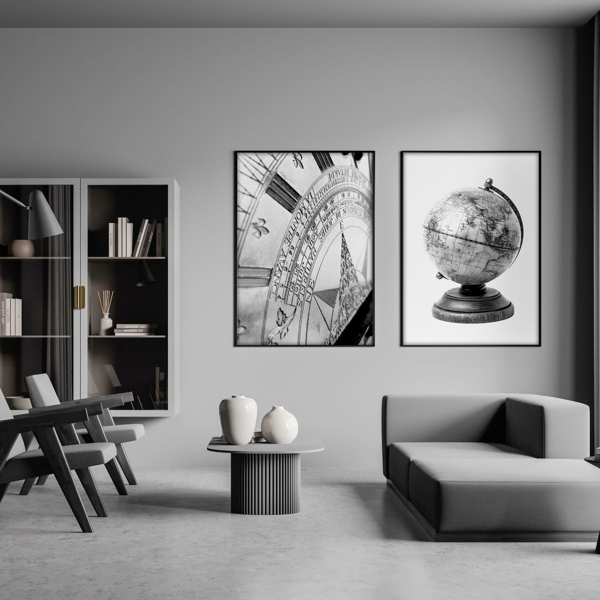 Living Room Framed Wall Art Vintage Sundial & Antique Globe Black & White wall art displayed on a wall in a styled room — view 6