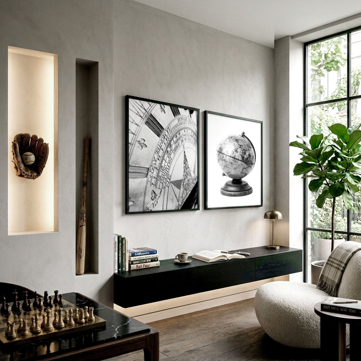 Living Room Framed Wall Art Vintage Sundial & Antique Globe Black & White wall art displayed on a wall in a styled room — view 8