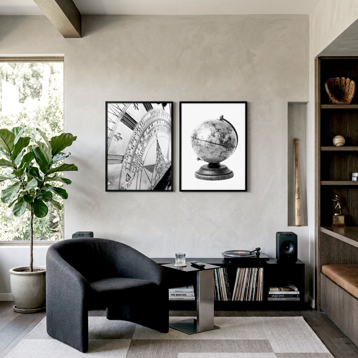 Living Room Framed Wall Art Vintage Sundial & Antique Globe Black & White wall art displayed on a wall in a styled room — view 9
