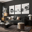 Living Room Picture Japandi Zen Landscape Black White Red Sun wall art displayed on a wall in a styled room