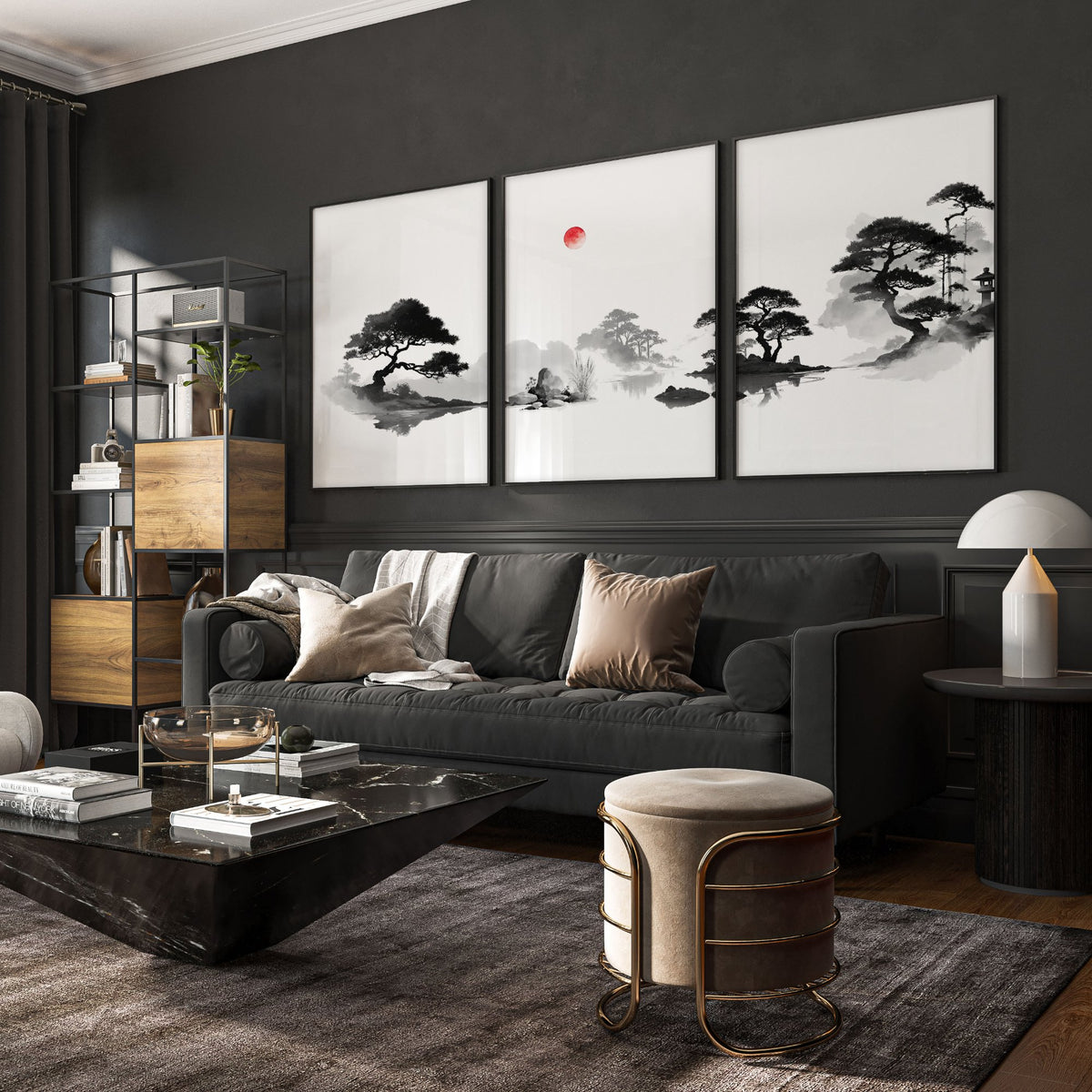 Living Room Picture Japandi Zen Landscape Black White Red Sun wall art displayed on a wall in a styled room
