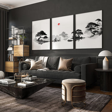 Living Room Picture Japandi Zen Landscape Black White Red Sun wall art displayed on a wall in a styled room
