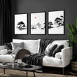Living Room Picture Japandi Zen Landscape Black White Red Sun wall art displayed on a wall in a styled room — view 10