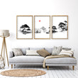 Living Room Picture Japandi Zen Landscape Black White Red Sun wall art displayed on a wall in a styled room — view 11