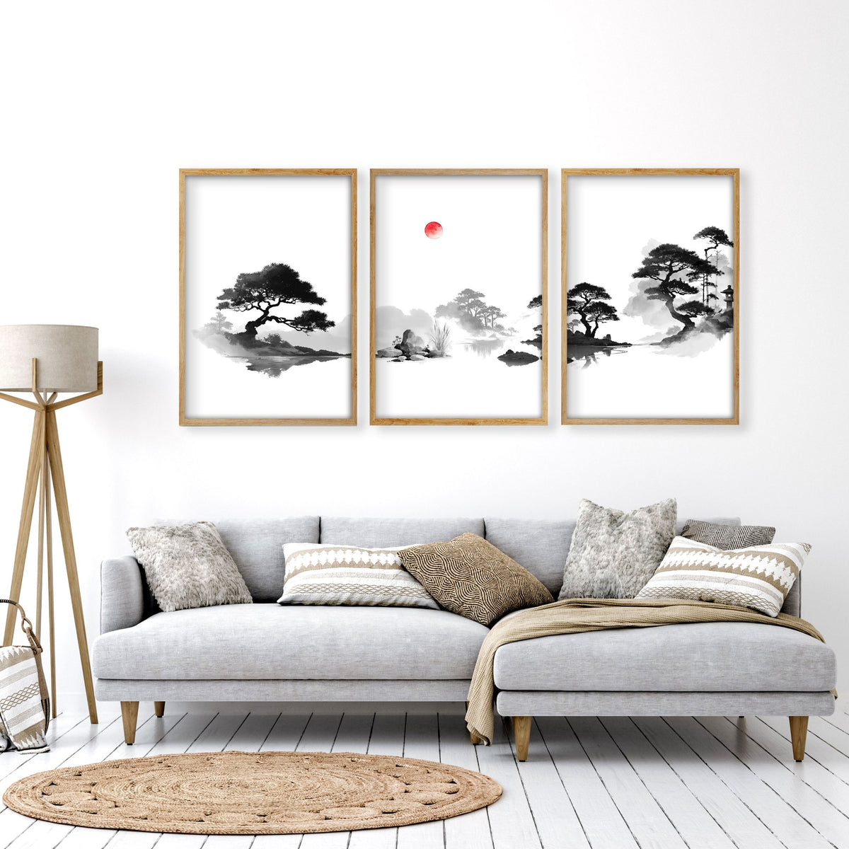 Living Room Picture Japandi Zen Landscape Black White Red Sun wall art displayed on a wall in a styled room — view 11