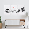 Living Room Picture Japandi Zen Landscape Black White Red Sun wall art displayed on a wall in a styled room — view 12