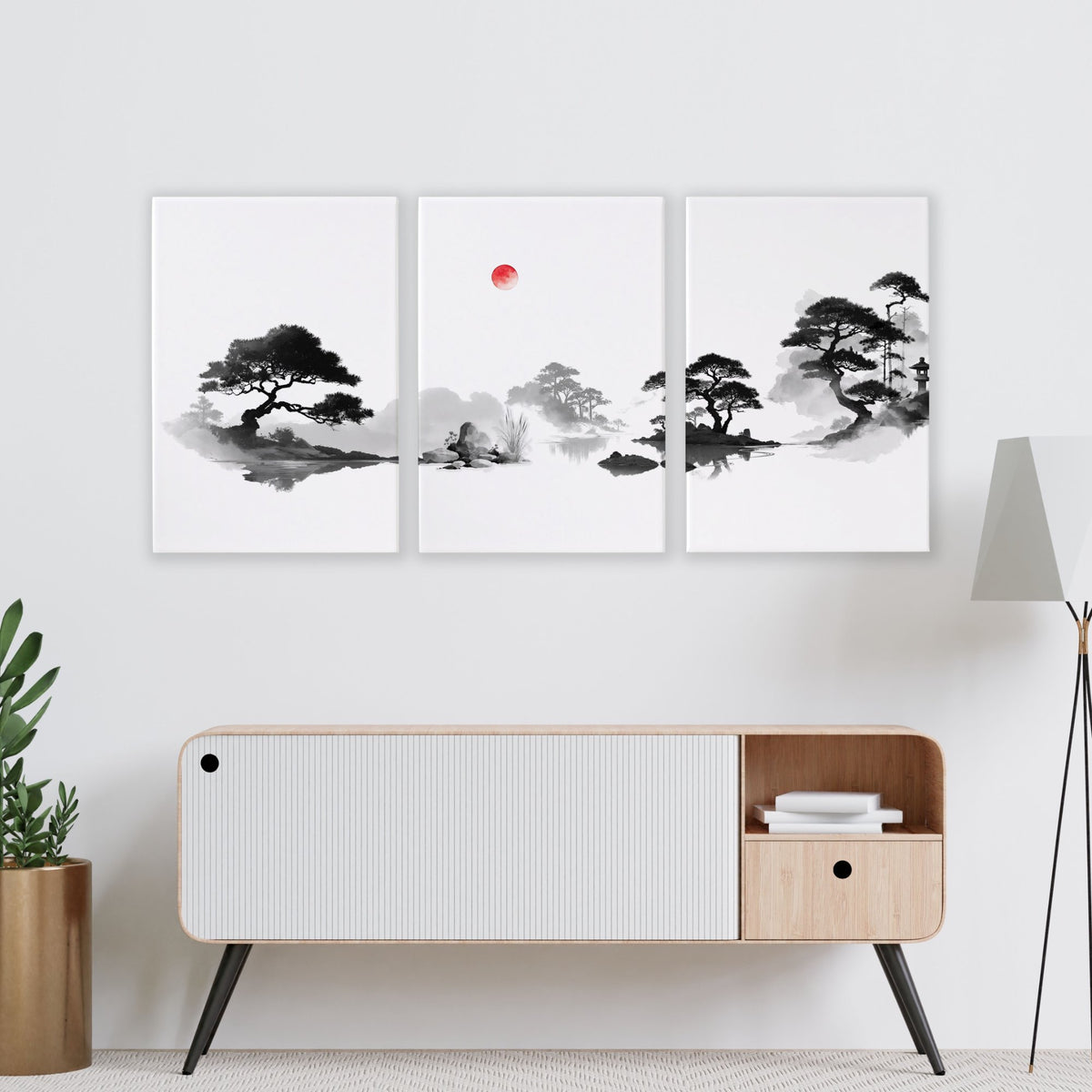 Living Room Picture Japandi Zen Landscape Black White Red Sun wall art displayed on a wall in a styled room — view 12