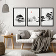 Living Room Picture Japandi Zen Landscape Black White Red Sun wall art displayed on a wall in a styled room — view 13