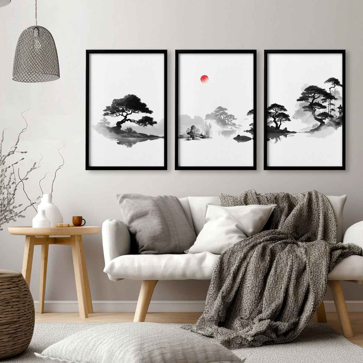 Living Room Picture Japandi Zen Landscape Black White Red Sun wall art displayed on a wall in a styled room — view 13
