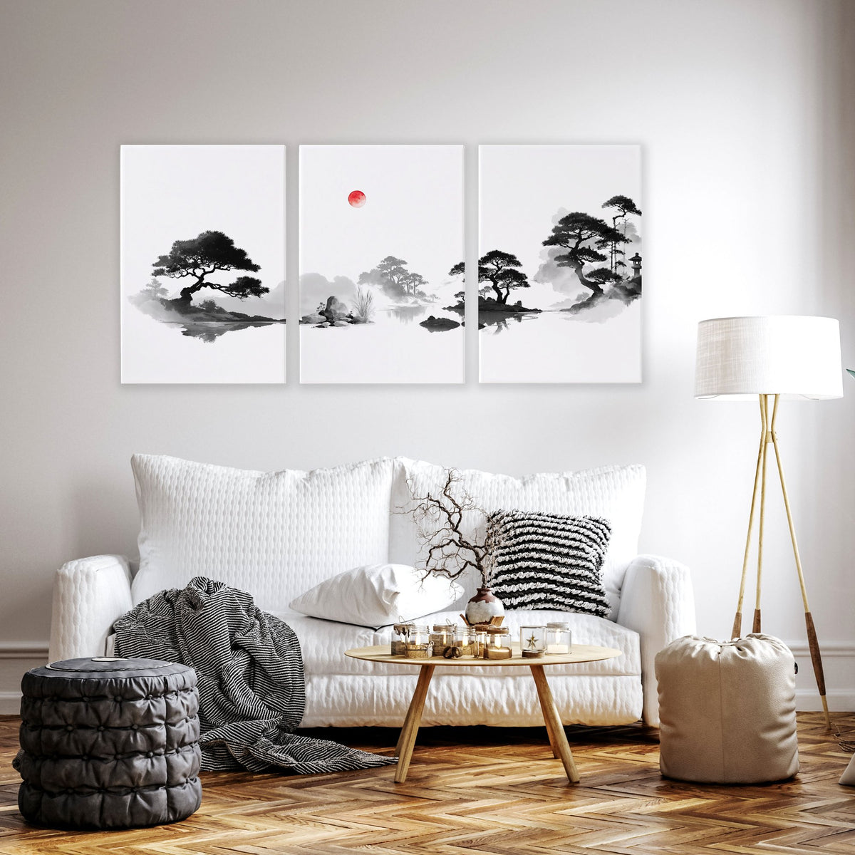 Living Room Picture Japandi Zen Landscape Black White Red Sun wall art displayed on a wall in a styled room — view 14