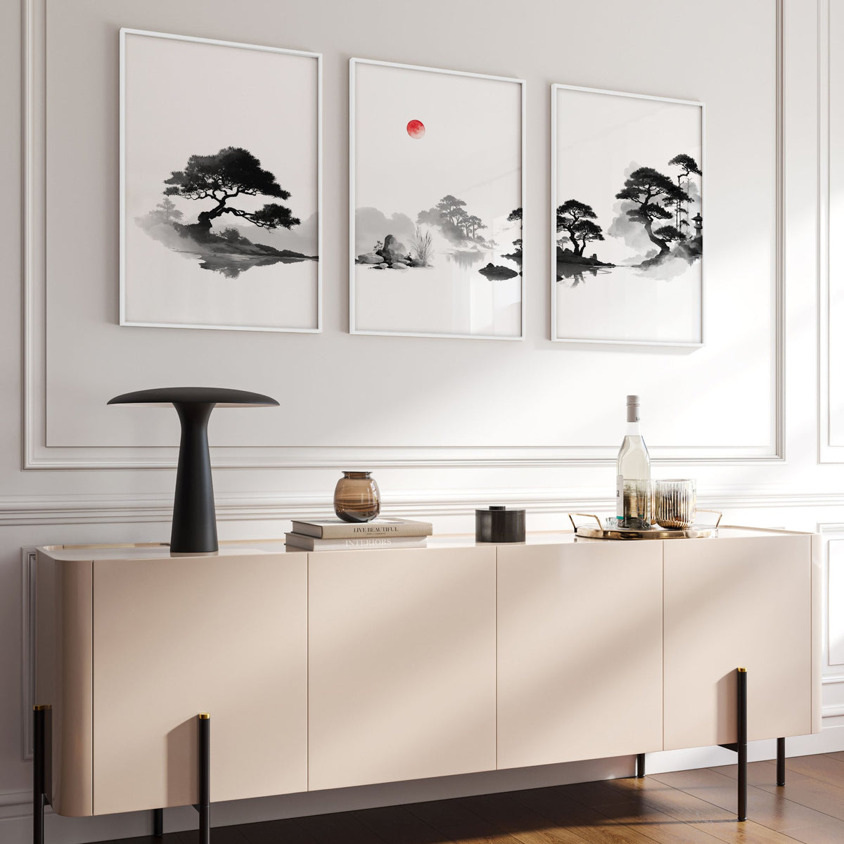 Living Room Picture Japandi Zen Landscape Black White Red Sun wall art displayed on a wall in a styled room — view 15