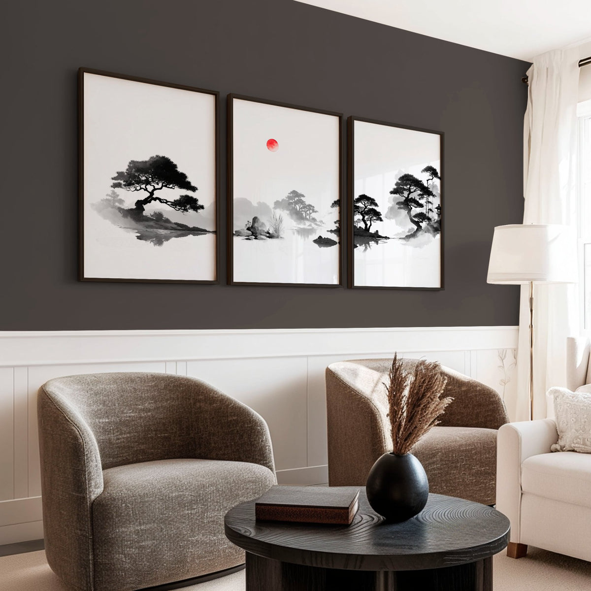 Living Room Picture Japandi Zen Landscape Black White Red Sun wall art displayed on a wall in a styled room — view 2