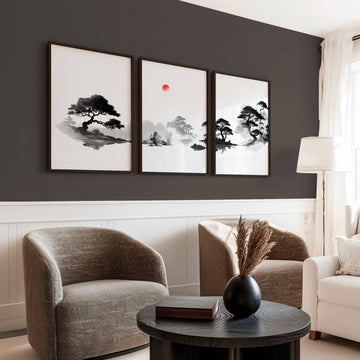 Living Room Picture Japandi Zen Landscape Black White Red Sun wall art displayed on a wall in a styled room — view 2
