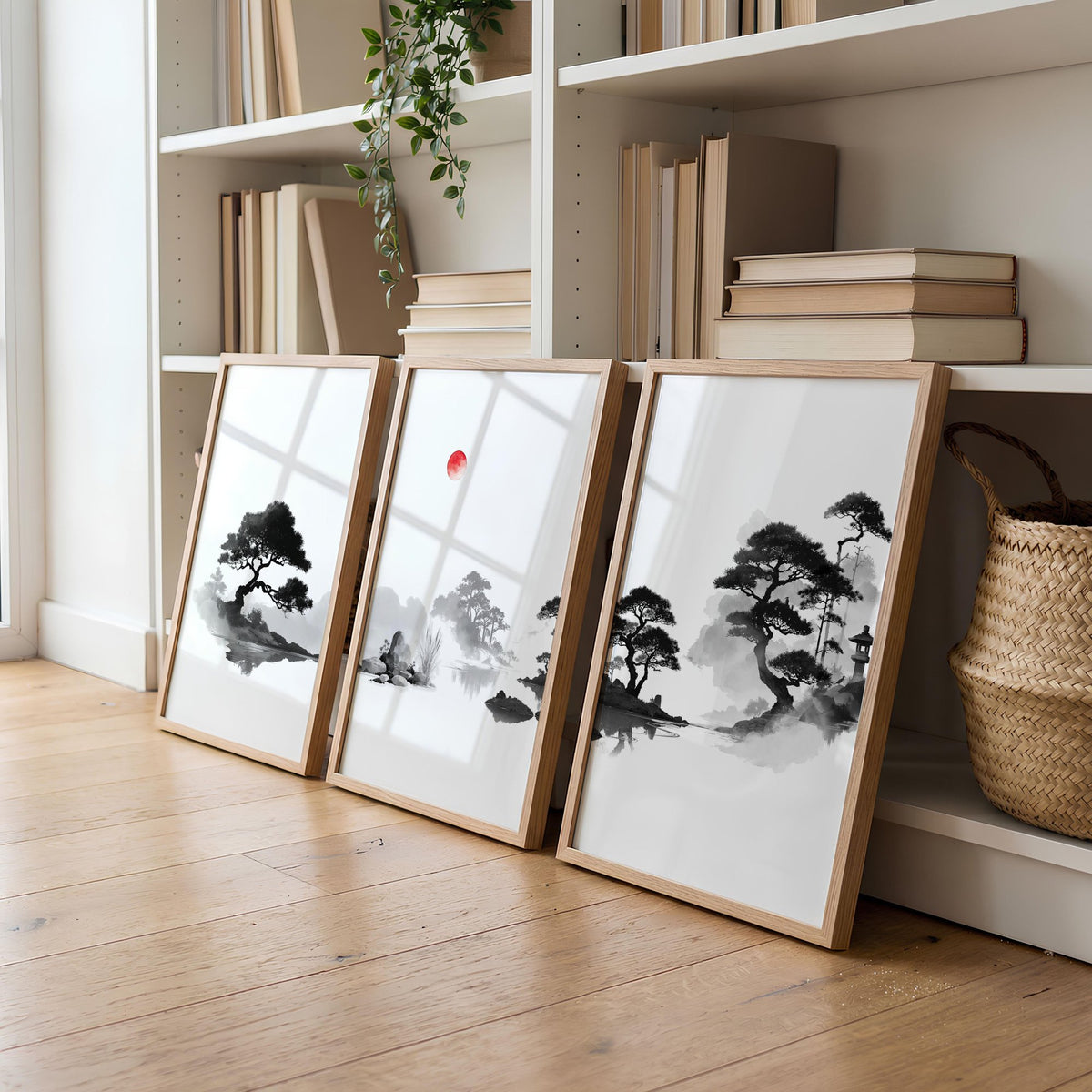 Living Room Picture Japandi Zen Landscape Black White Red Sun wall art displayed on a wall in a styled room — view 3