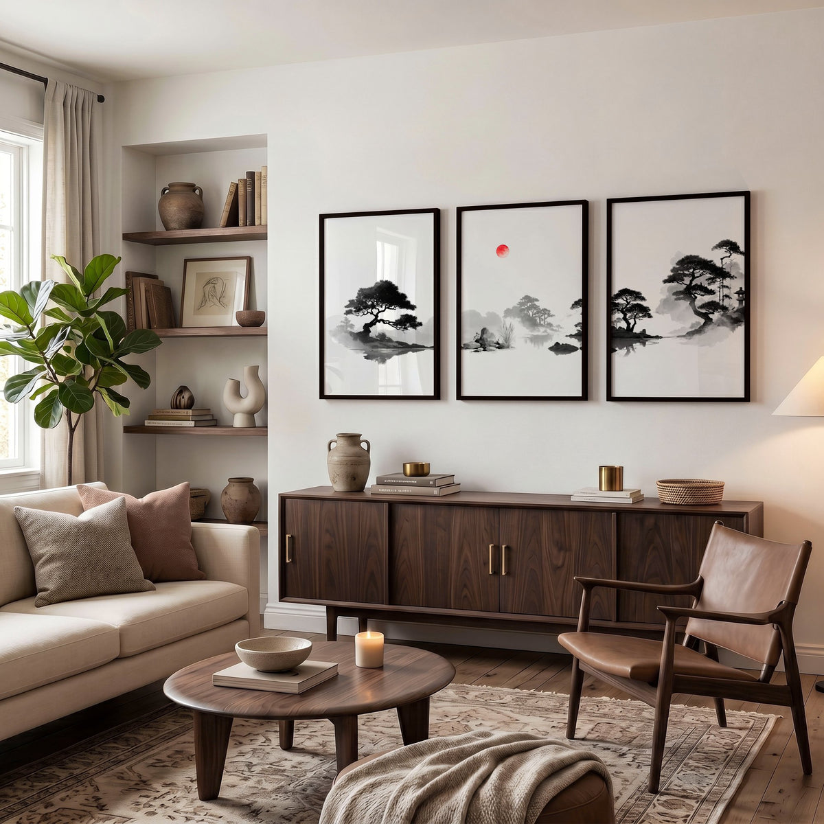 Living Room Picture Japandi Zen Landscape Black White Red Sun wall art displayed on a wall in a styled room — view 4