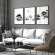 Living Room Picture Japandi Zen Landscape Black White Red Sun wall art displayed on a wall in a styled room — view 5