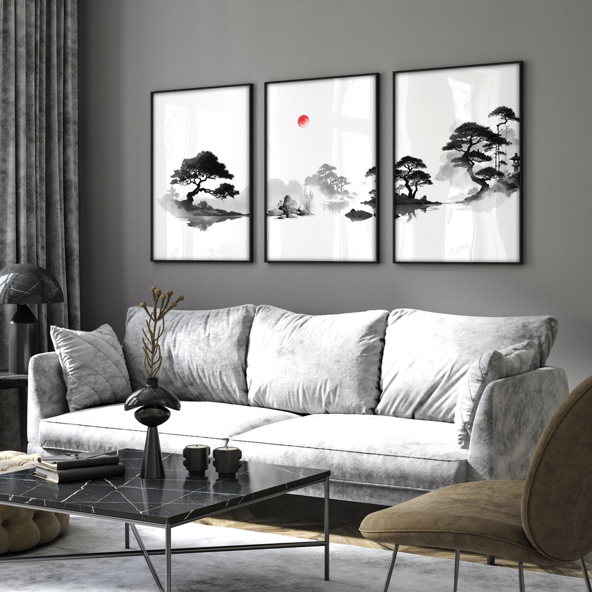 Living Room Picture Japandi Zen Landscape Black White Red Sun wall art displayed on a wall in a styled room — view 5
