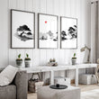 Living Room Picture Japandi Zen Landscape Black White Red Sun wall art displayed on a wall in a styled room — view 6