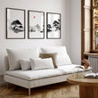 Living Room Picture Japandi Zen Landscape Black White Red Sun wall art displayed on a wall in a styled room — view 7