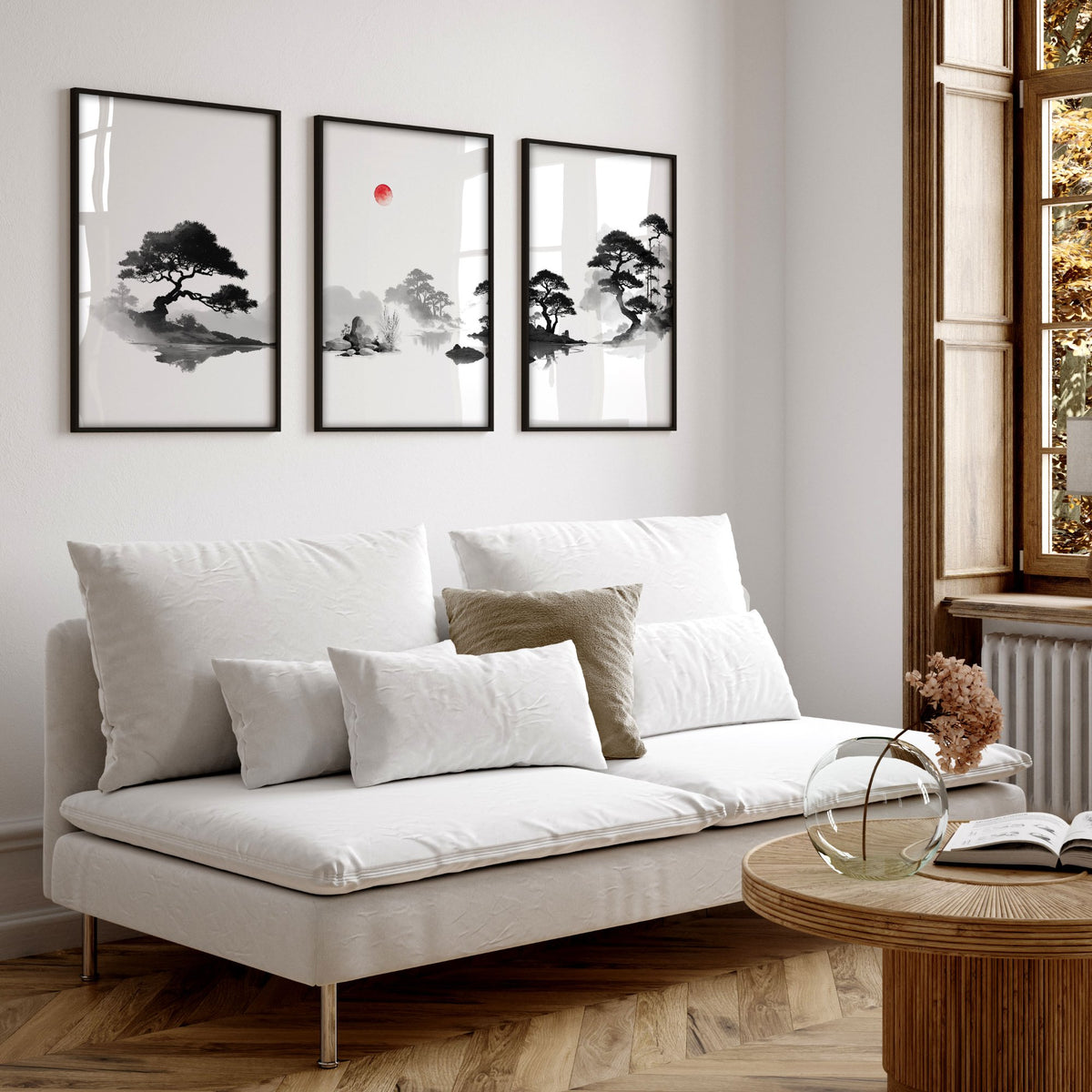 Living Room Picture Japandi Zen Landscape Black White Red Sun wall art displayed on a wall in a styled room — view 7