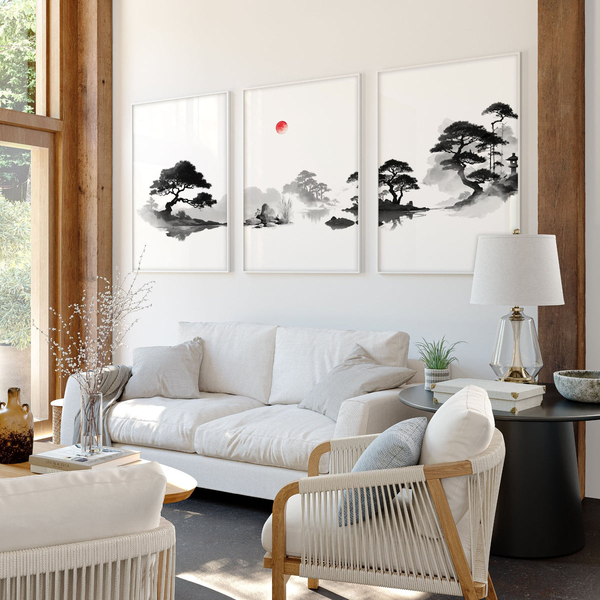 Living Room Picture Japandi Zen Landscape Black White Red Sun wall art displayed on a wall in a styled room — view 8