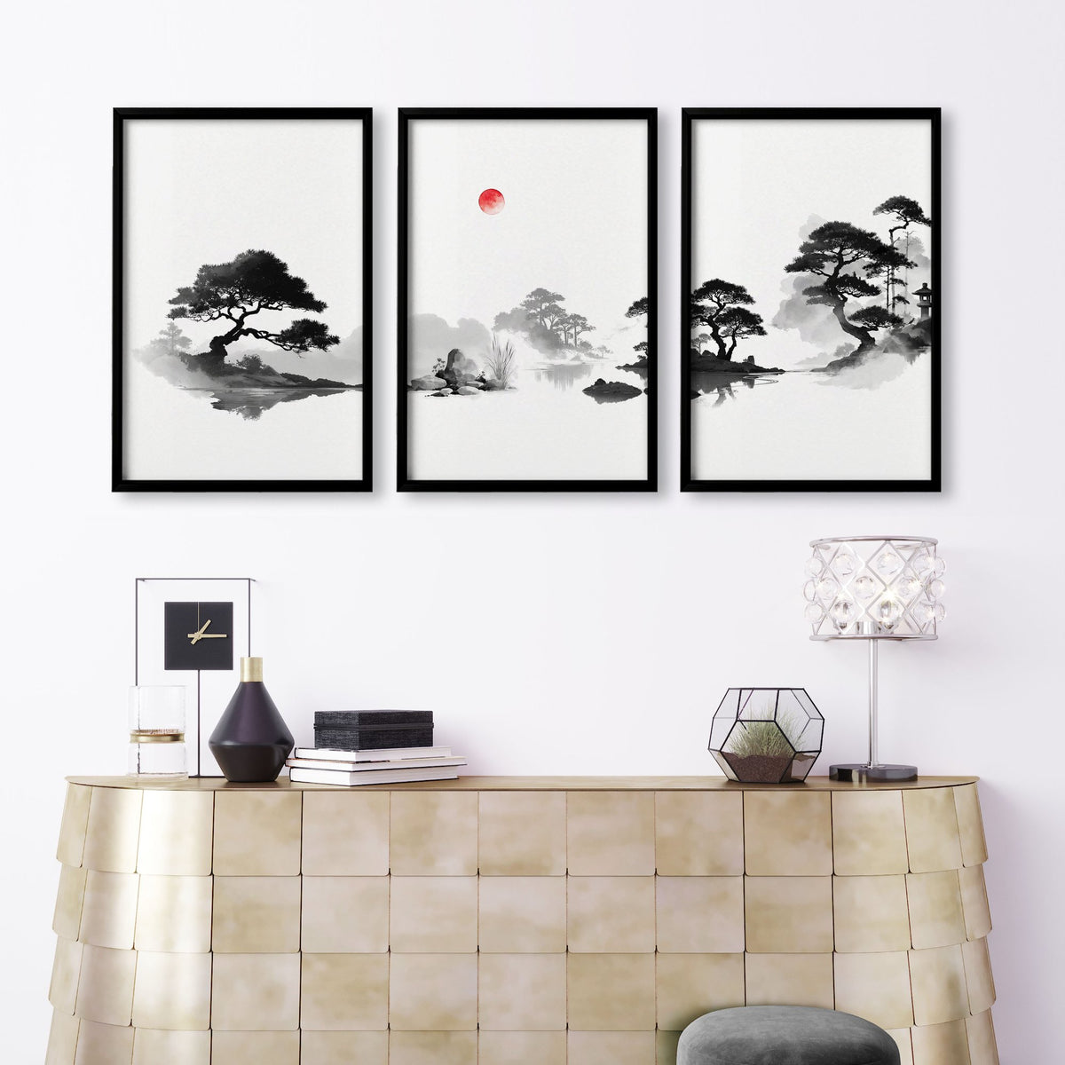 Living Room Picture Japandi Zen Landscape Black White Red Sun wall art displayed on a wall in a styled room — view 9