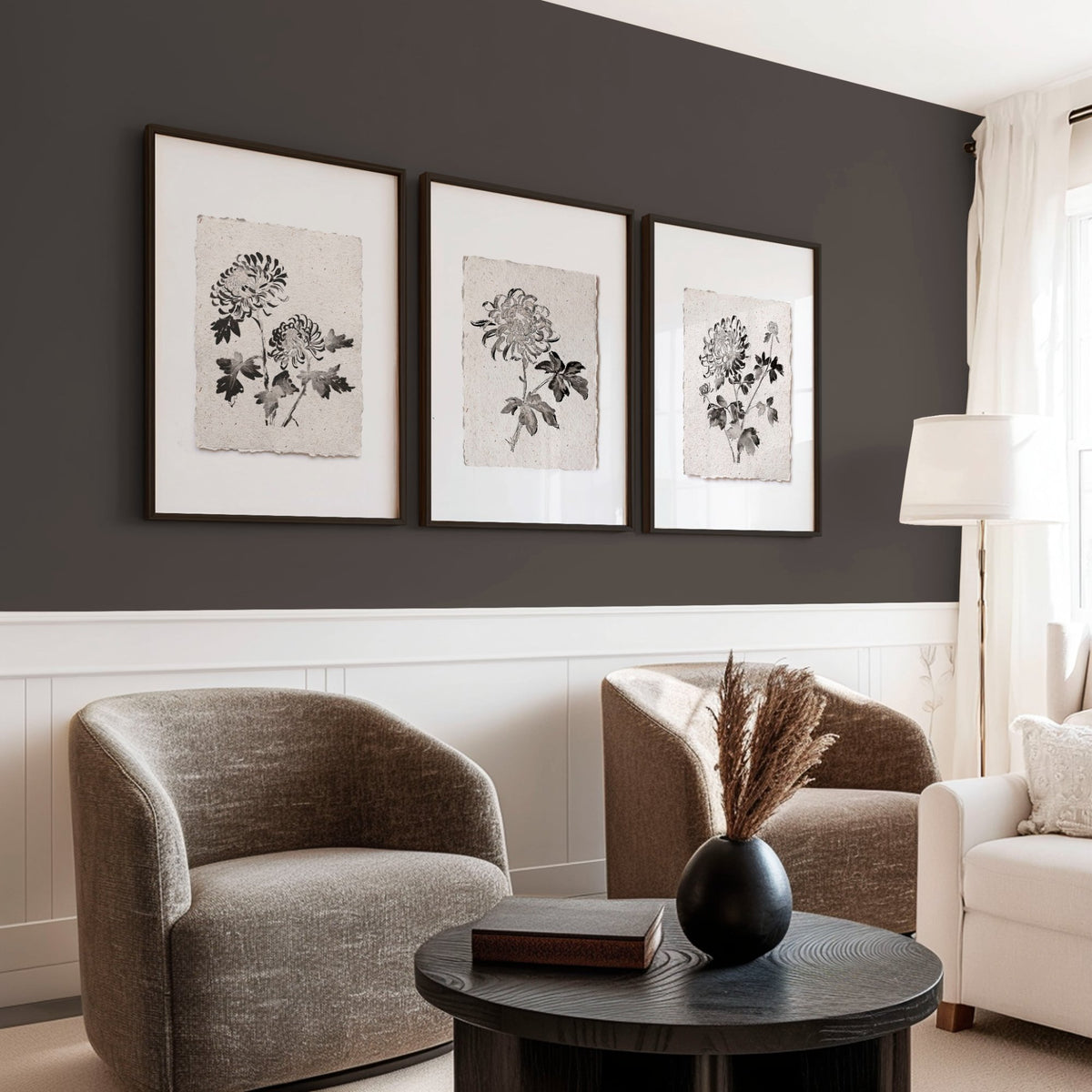 Living Room wall art French Country Botanical Chrysanthemum Beige & Black displayed on a wall in a styled room