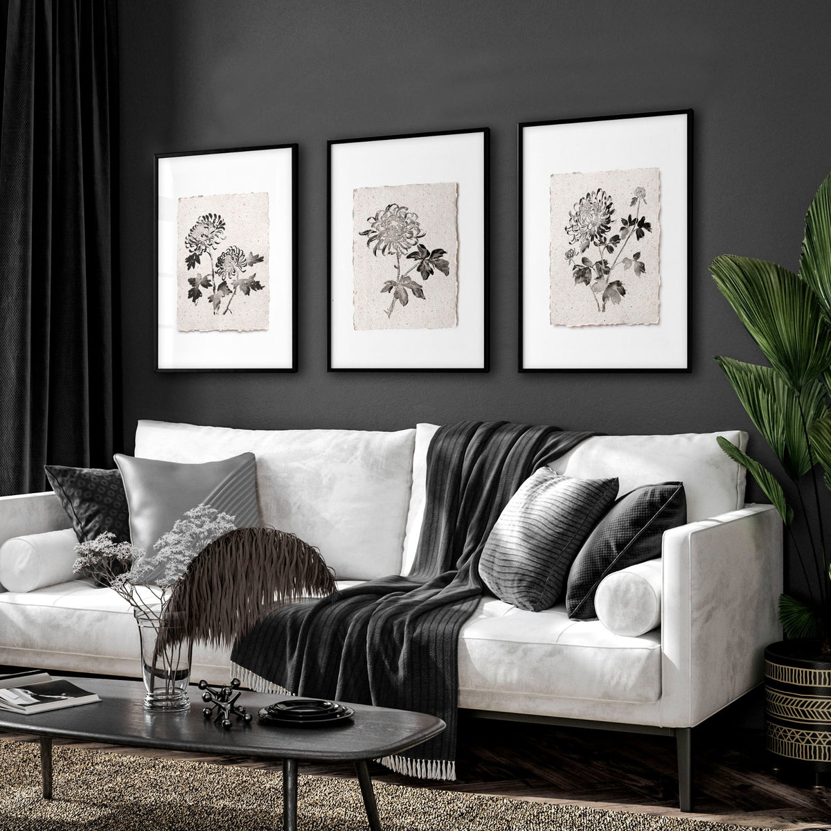 Living Room wall art French Country Botanical Chrysanthemum Beige & Black displayed on a wall in a styled room — view 10