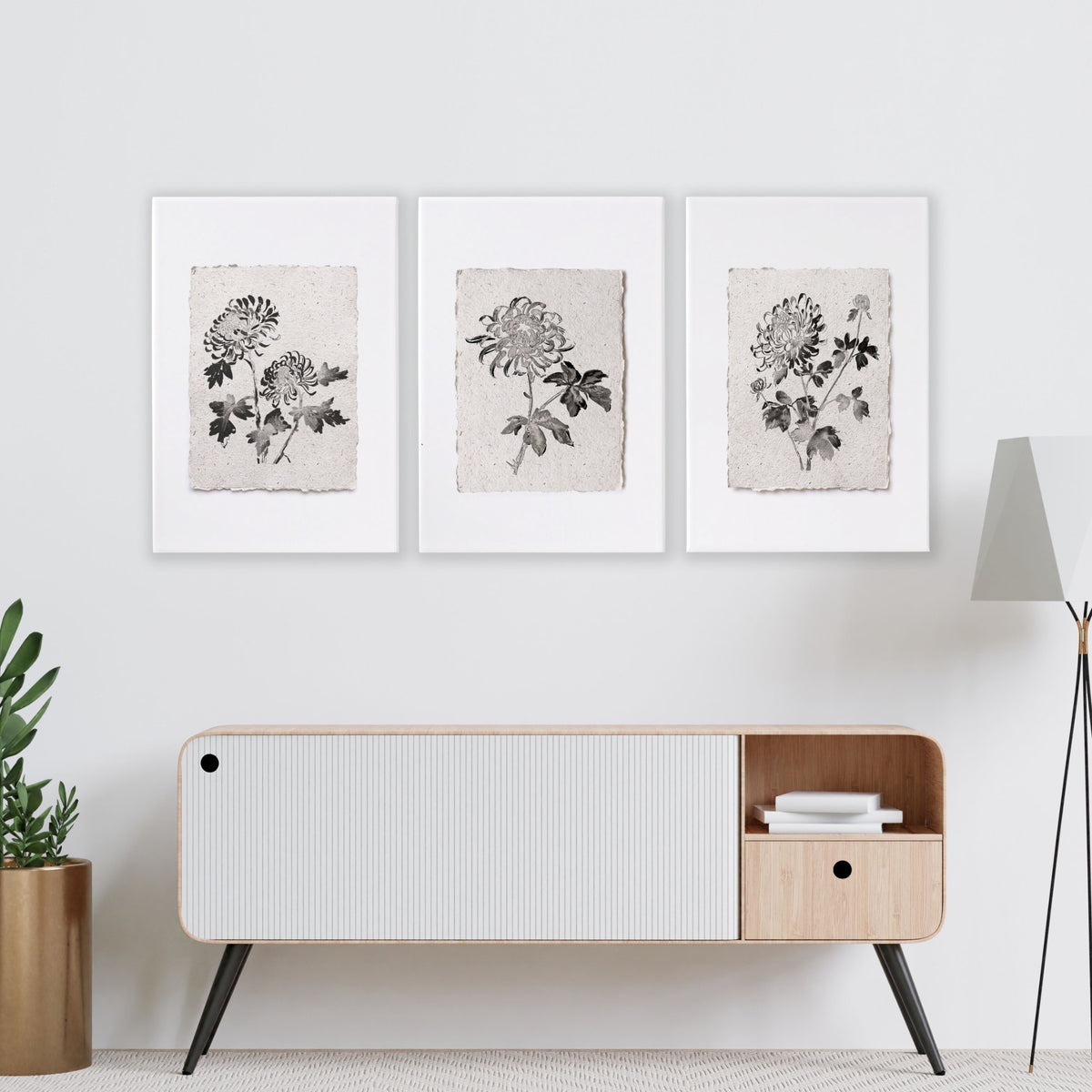 Living Room wall art French Country Botanical Chrysanthemum Beige & Black displayed on a wall in a styled room — view 12