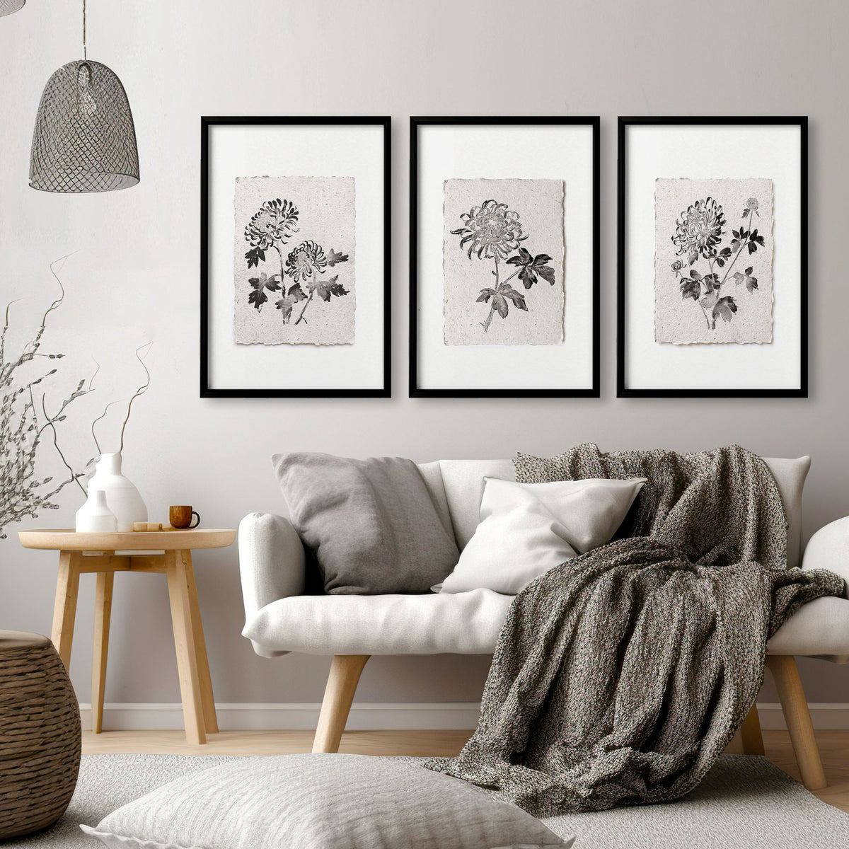Living Room wall art French Country Botanical Chrysanthemum Beige & Black displayed on a wall in a styled room — view 13