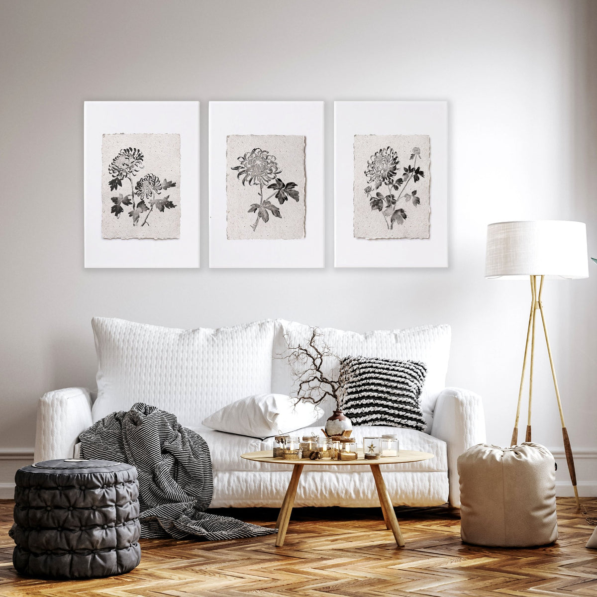 Living Room wall art French Country Botanical Chrysanthemum Beige & Black displayed on a wall in a styled room — view 14