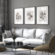 Living Room wall art French Country Botanical Chrysanthemum Beige & Black displayed on a wall in a styled room — view 4