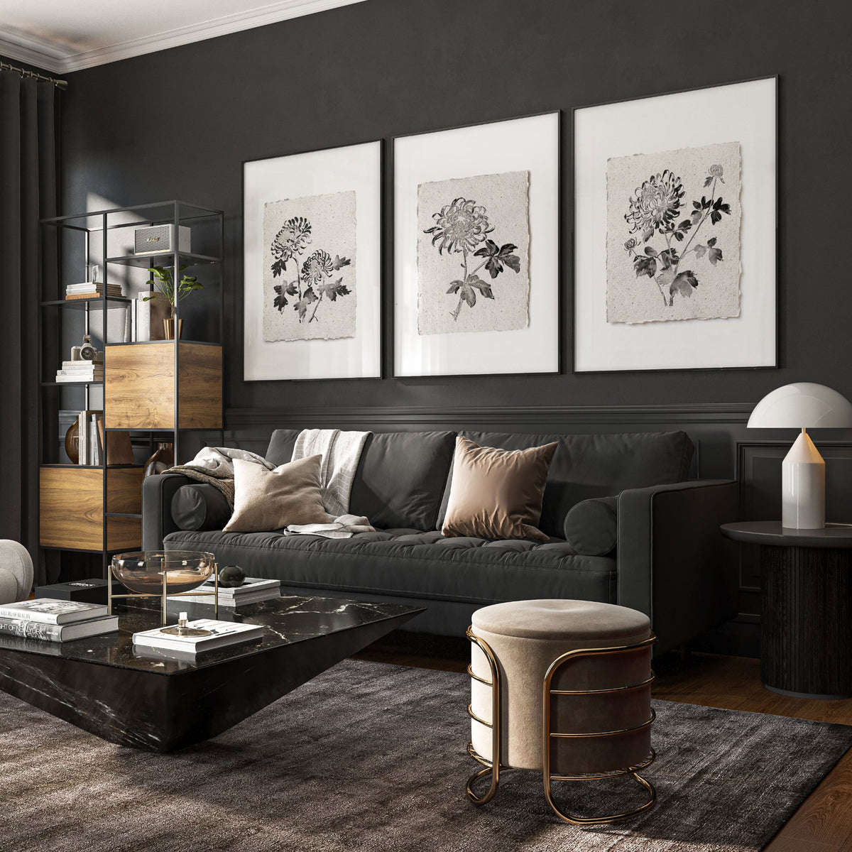Living Room wall art French Country Botanical Chrysanthemum Beige & Black displayed on a wall in a styled room — view 7