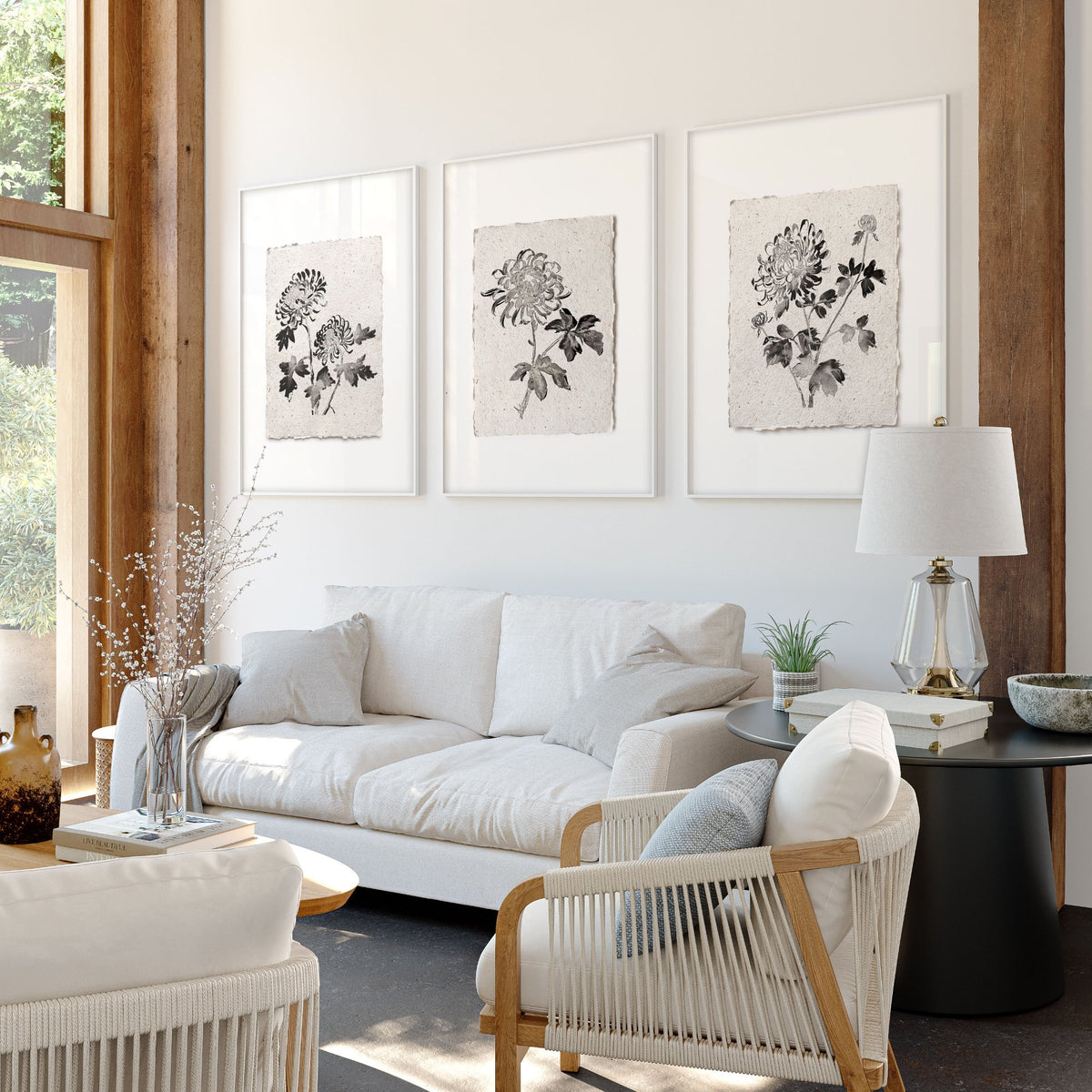 Living Room wall art French Country Botanical Chrysanthemum Beige & Black displayed on a wall in a styled room — view 8