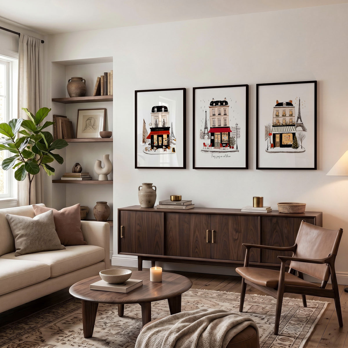 Paris Winter Street Scene Living Room Wall Art Canvas | "Paris sous un ciel d'hiver" displayed on a wall in a styled room