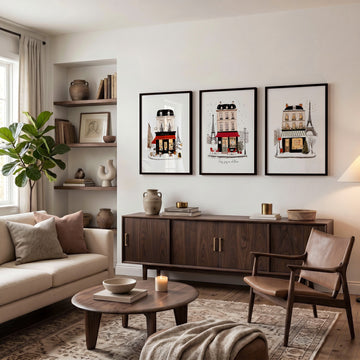Paris Winter Street Scene Living Room Wall Art Canvas | "Paris sous un ciel d'hiver" displayed on a wall in a styled room