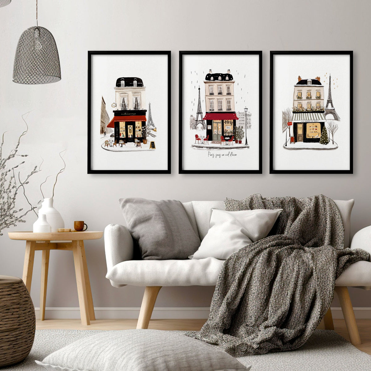 Paris Winter Street Scene Living Room Wall Art Canvas | "Paris sous un ciel d'hiver" displayed on a wall in a styled room — view 10