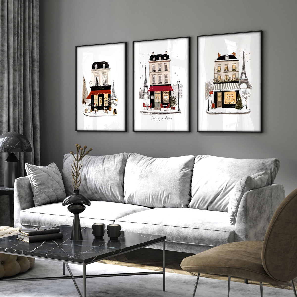 Paris Winter Street Scene Living Room Wall Art Canvas | "Paris sous un ciel d'hiver" displayed on a wall in a styled room — view 3