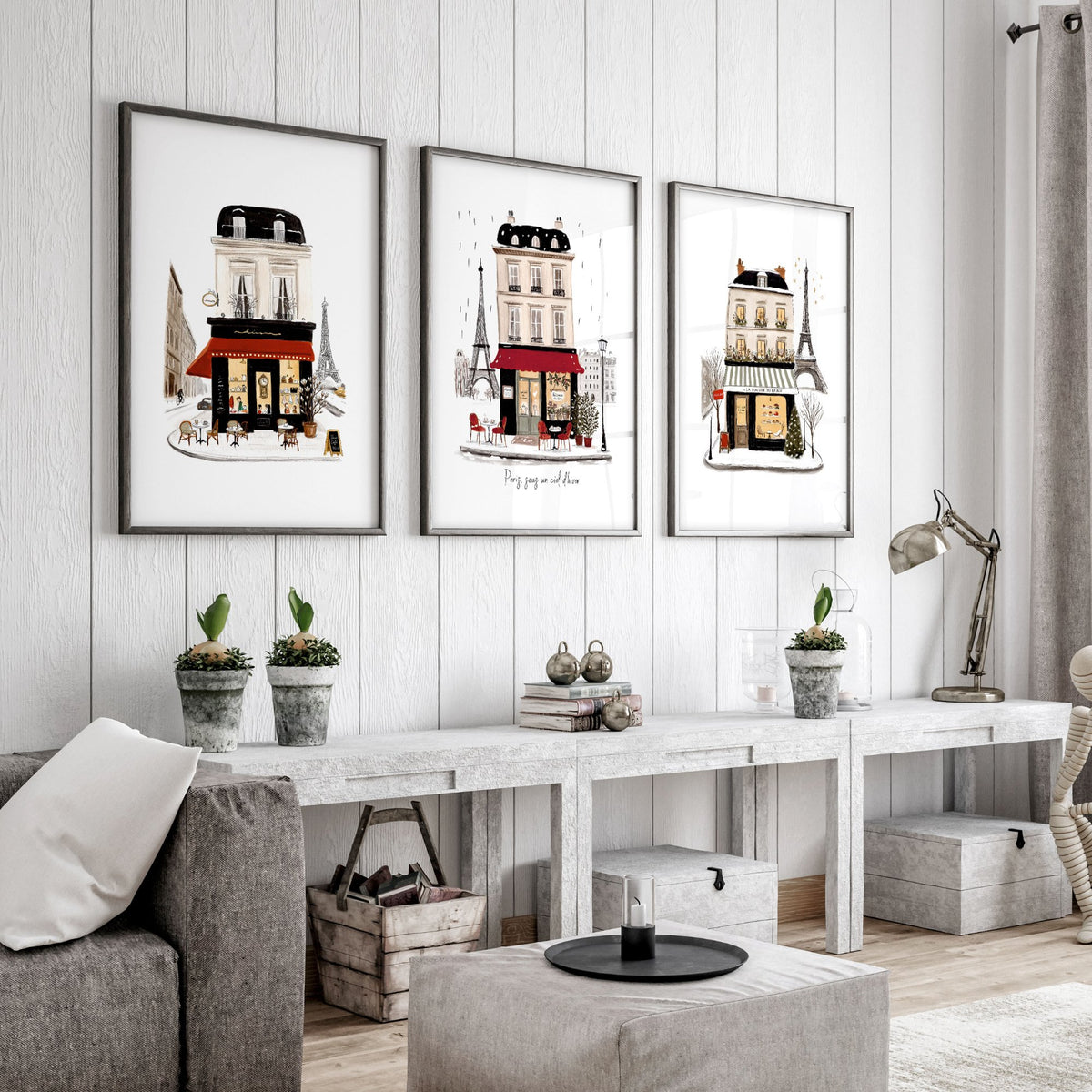 Paris Winter Street Scene Living Room Wall Art Canvas | "Paris sous un ciel d'hiver" displayed on a wall in a styled room — view 4