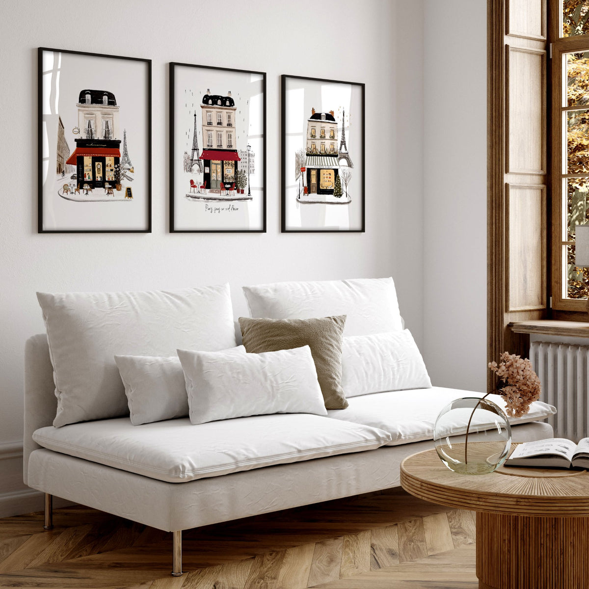Paris Winter Street Scene Living Room Wall Art Canvas | "Paris sous un ciel d'hiver" displayed on a wall in a styled room — view 5