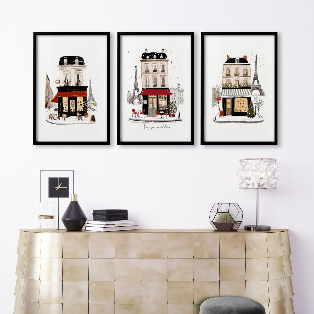 Paris Winter Street Scene Living Room Wall Art Canvas | "Paris sous un ciel d'hiver" displayed on a wall in a styled room — view 8