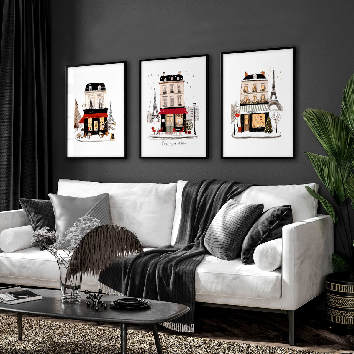 Paris Winter Street Scene Living Room Wall Art Canvas | "Paris sous un ciel d'hiver" displayed on a wall in a styled room — view 9