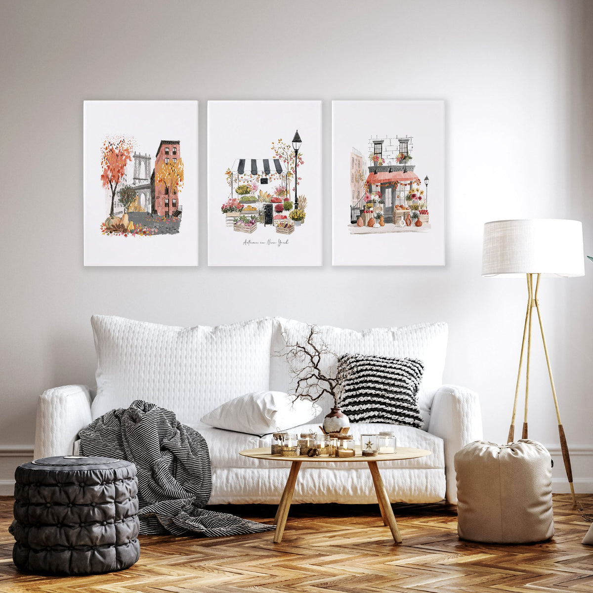 Living Room Wall Art "Autumn in New York" NYC Travel Watercolour wall art displayed on a wall in a styled room